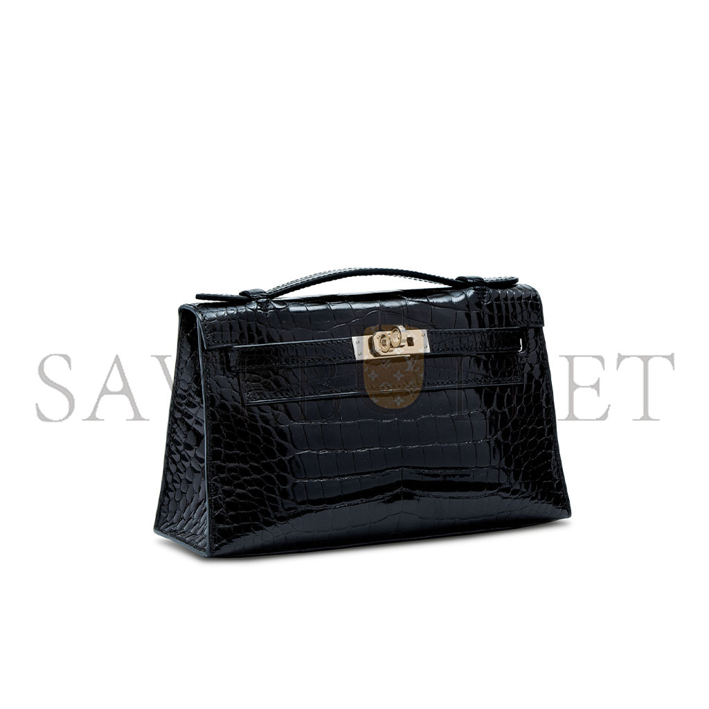 H**mes MASTER BLACK ALLIGATOR KELLY POCHETTE WITH PALLADIUM HARDWARE (22*14*7cm)